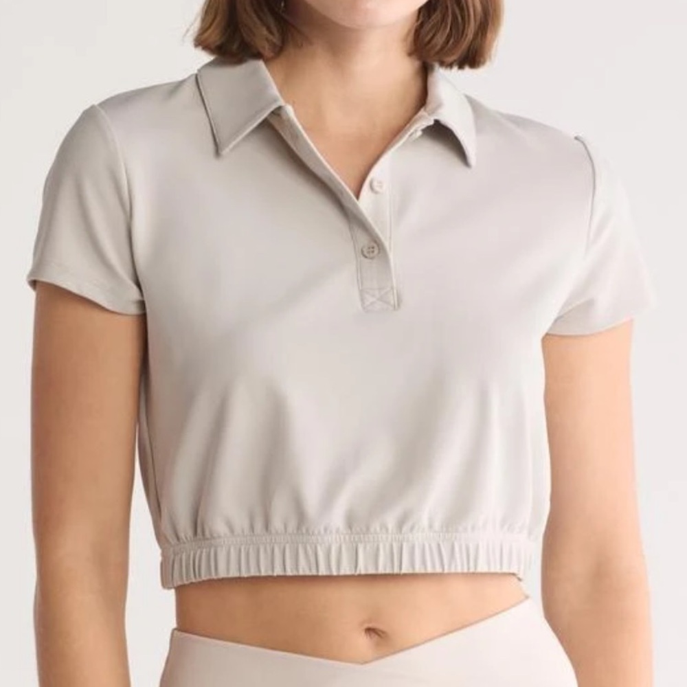 Yogalicious Jane Waffle Cropped Polo Top Gray Athleisure Stretch Shirt Size L